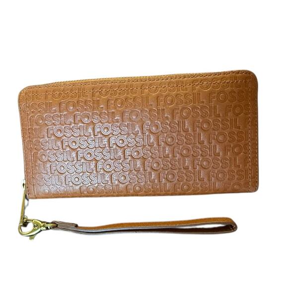 Fossil Wristlet Wallet Clutch Embossed Logo Pattern Camel Color Multiple Pockets - Picture 1 of 6